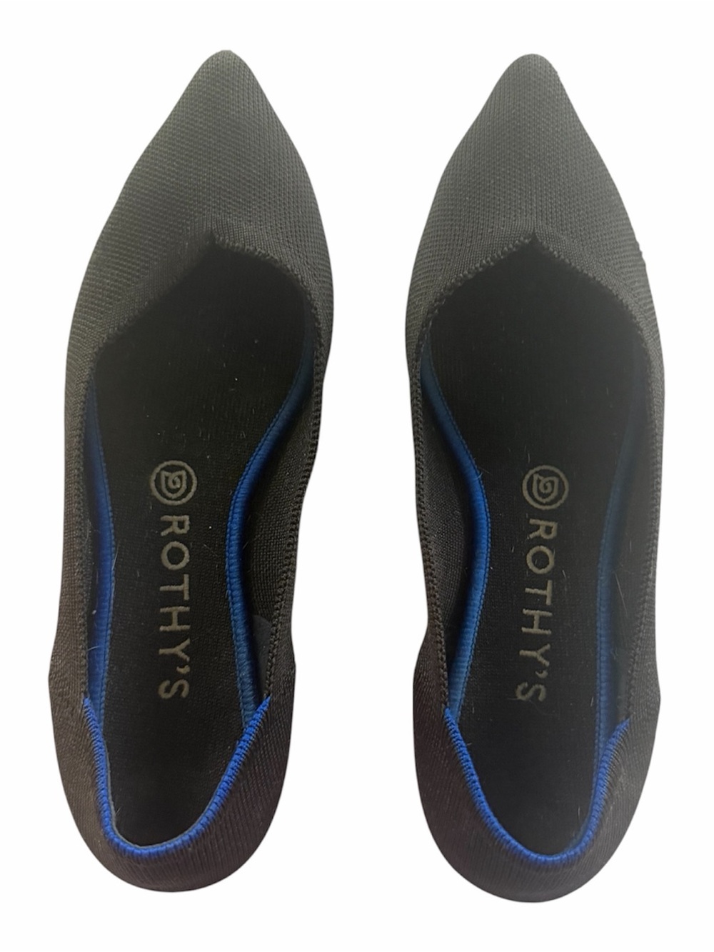Rothy's Black Pointed Toe Knit Flats with Blue Trim